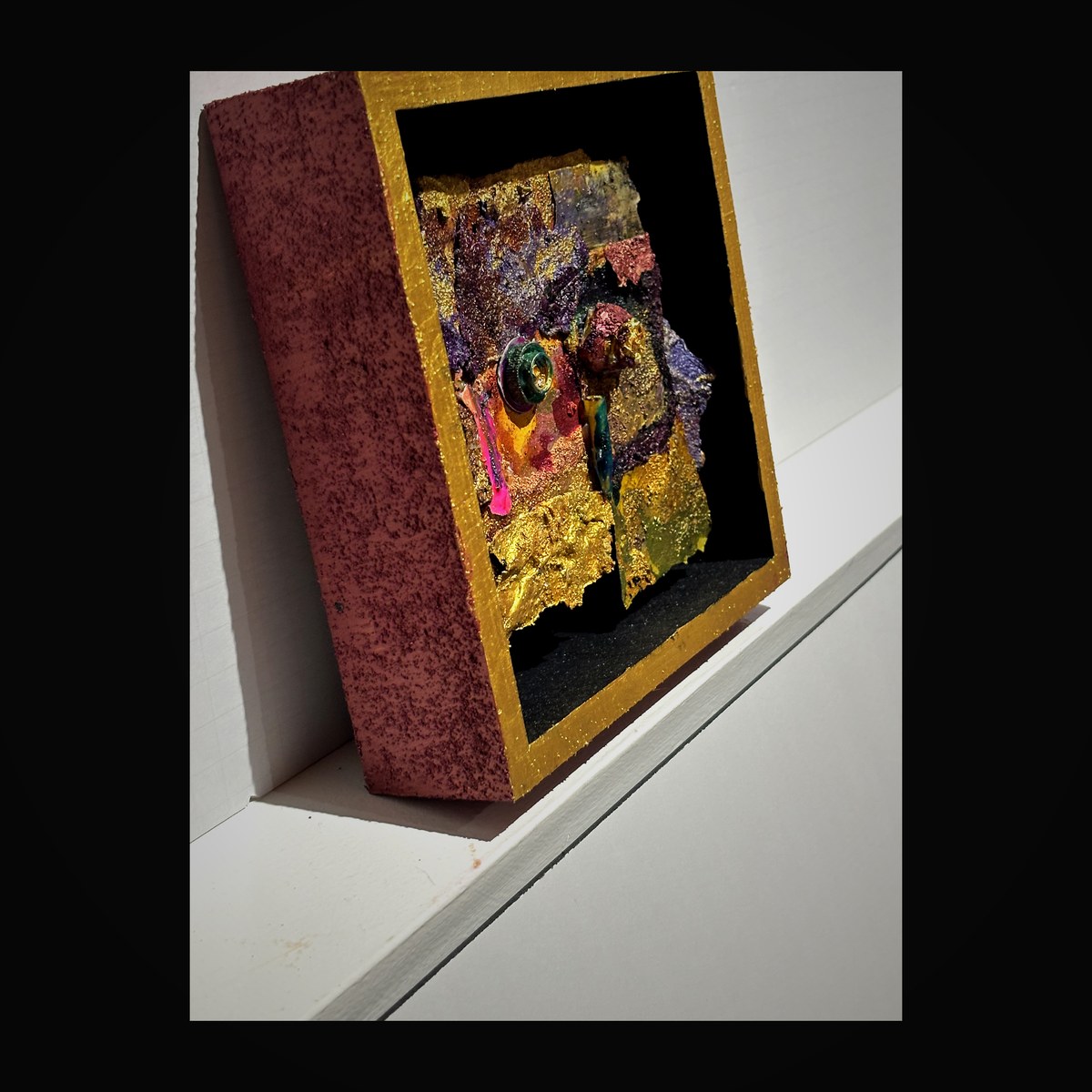 Desert rose shadow box — pink enamel with gold and emerald details